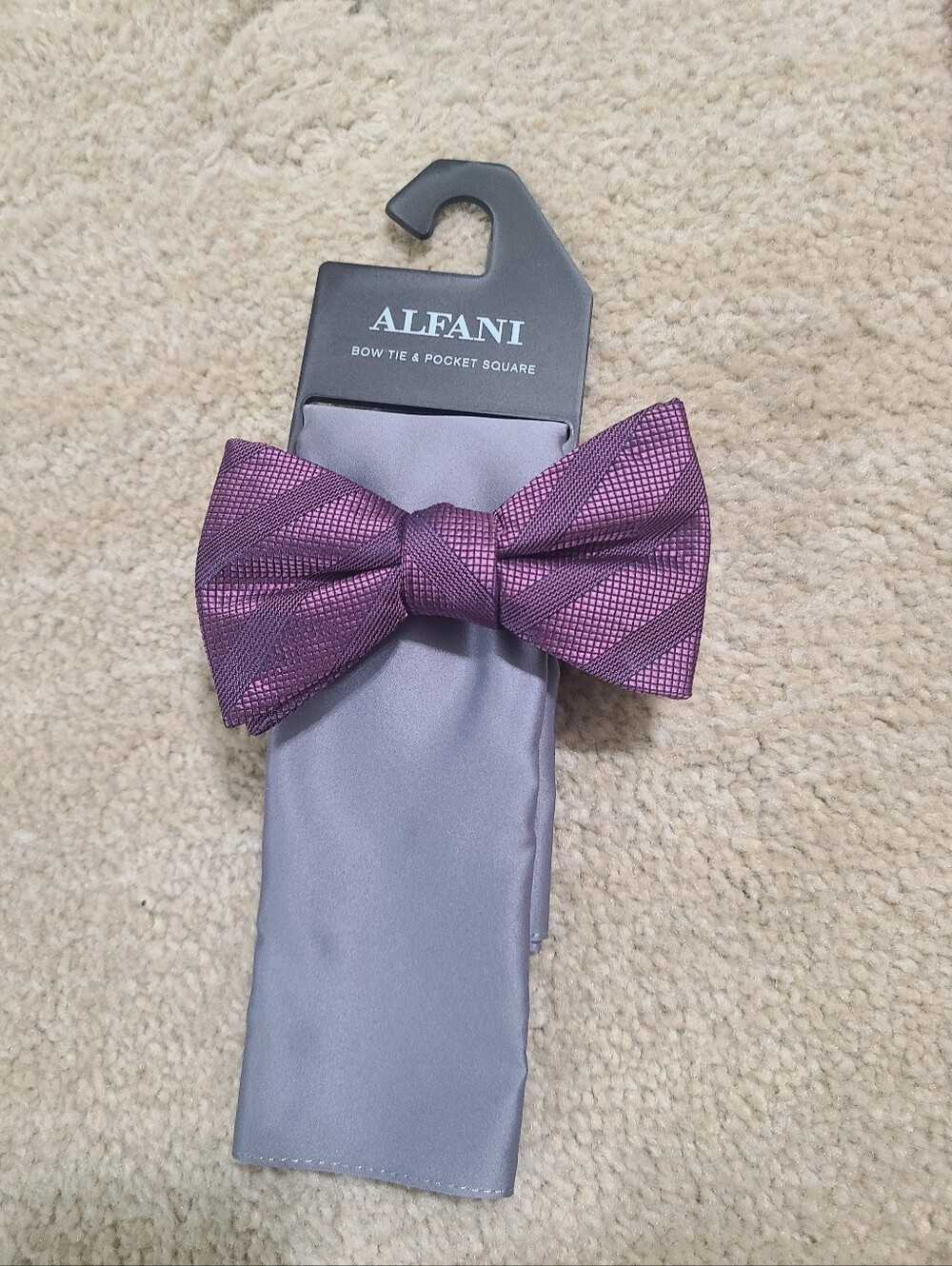 Alfani Purple Patterned Bow Tie with Gray Pocket Square Set